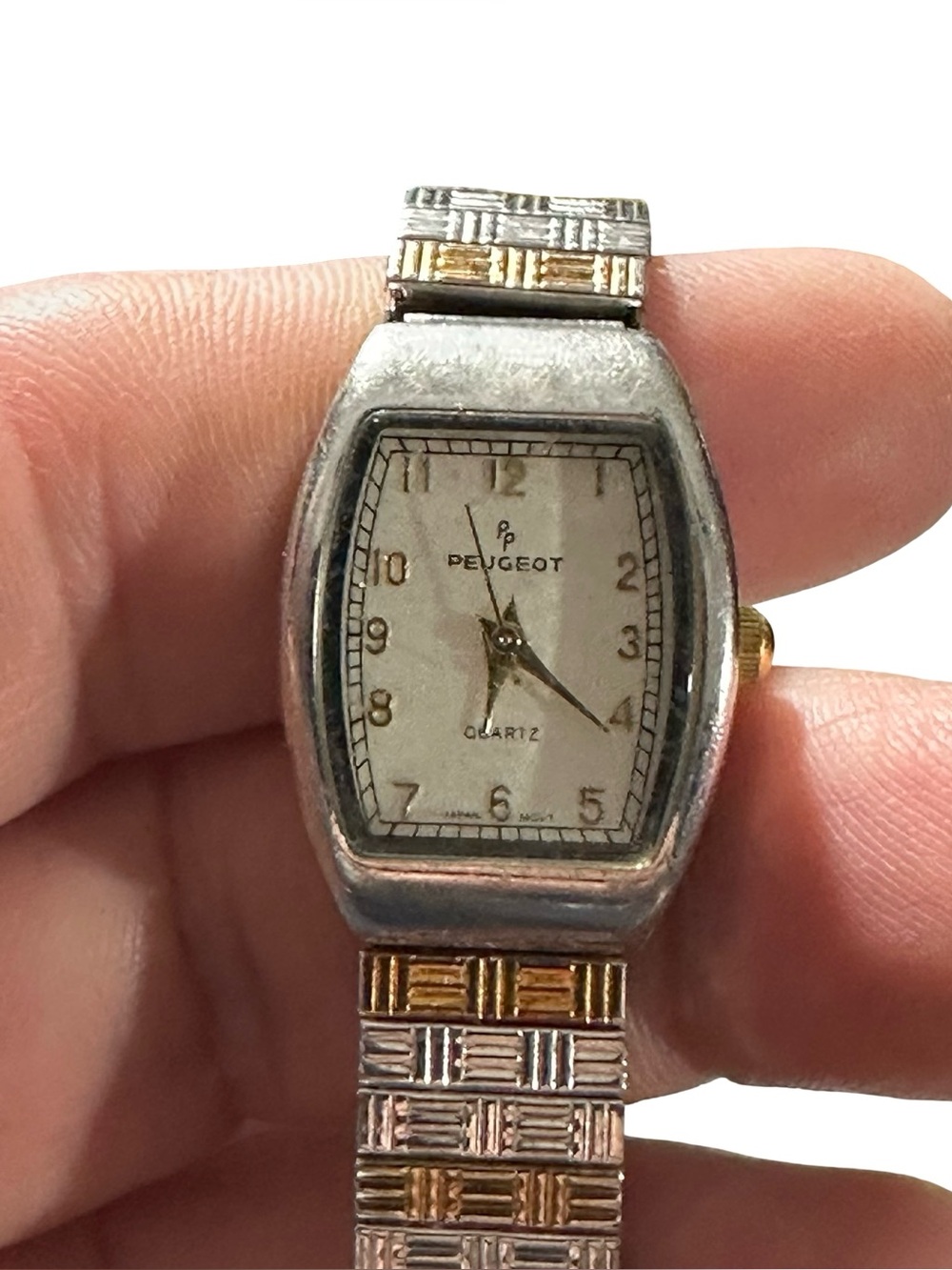 Vtg Peugeot 418 Women Two-Tone Tonneau Cushion Quartz Watch Expansion Band